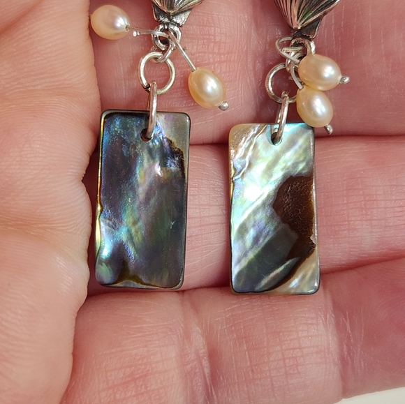 Genuine Sterling Silver Dangle Earrings With Abalone Shells & Freshwater Pearls - Picture 7 of 12